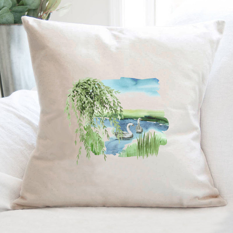 Watercolor Pond Scene (Swan) - Square Canvas Pillow
