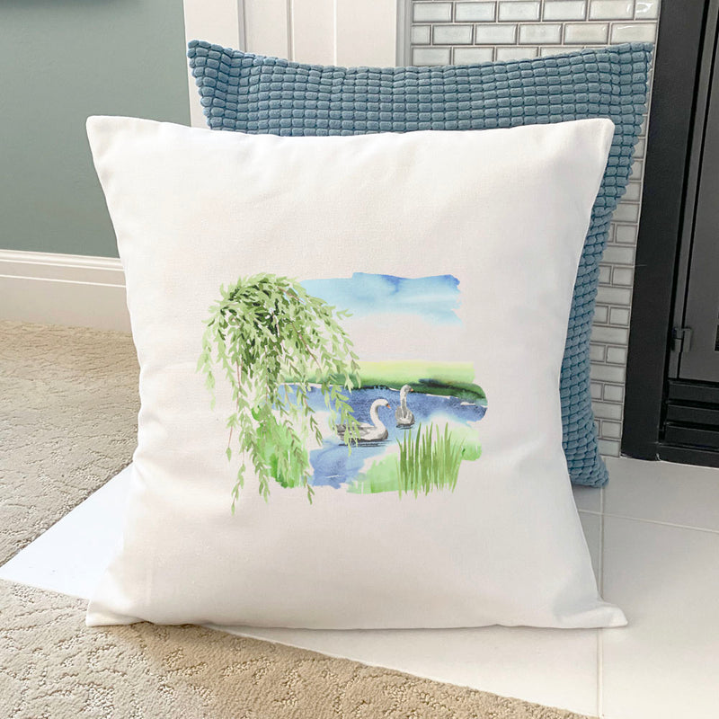 Watercolor Pond Scene (Swan) - Square Canvas Pillow
