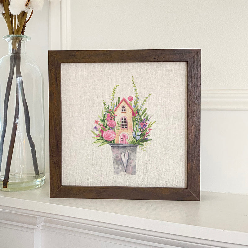 Floral Pail Fairy House - Framed Sign