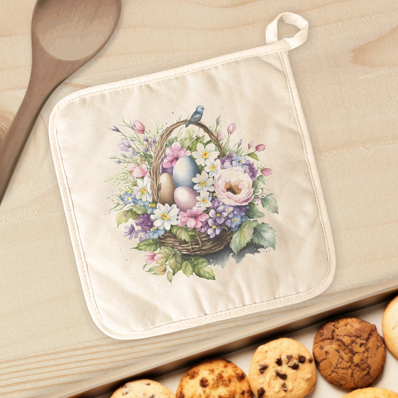 Watercolor Floral Basket and Eggs - Cotton Pot Holder