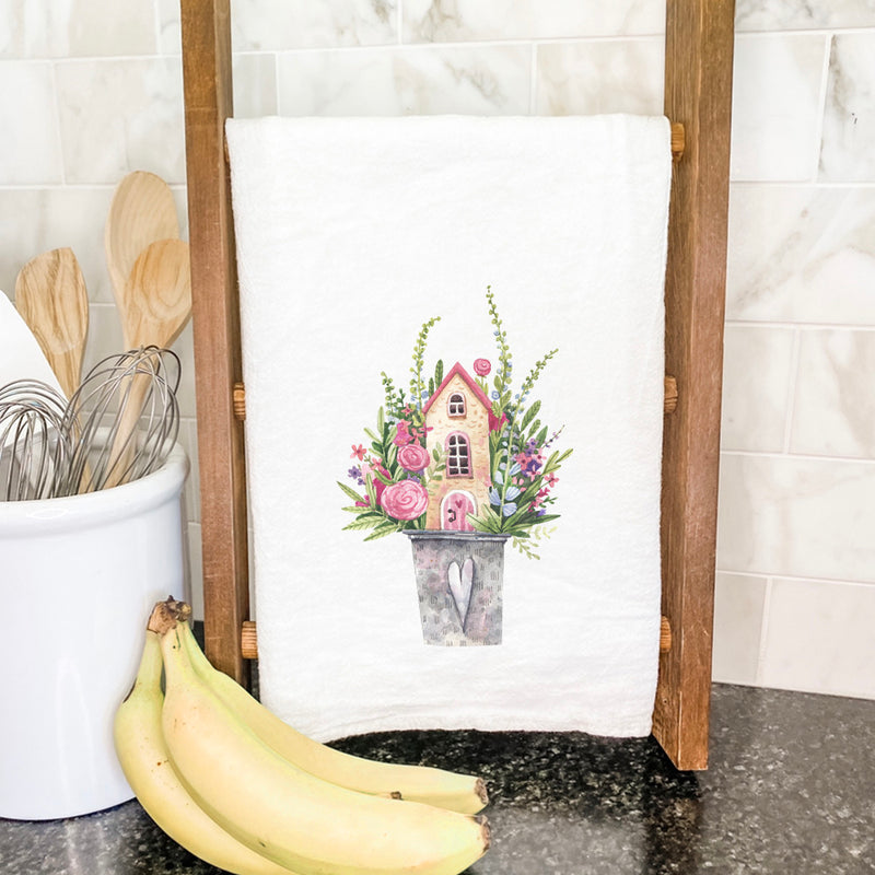 Floral Pail Fairy House - Cotton Tea Towel