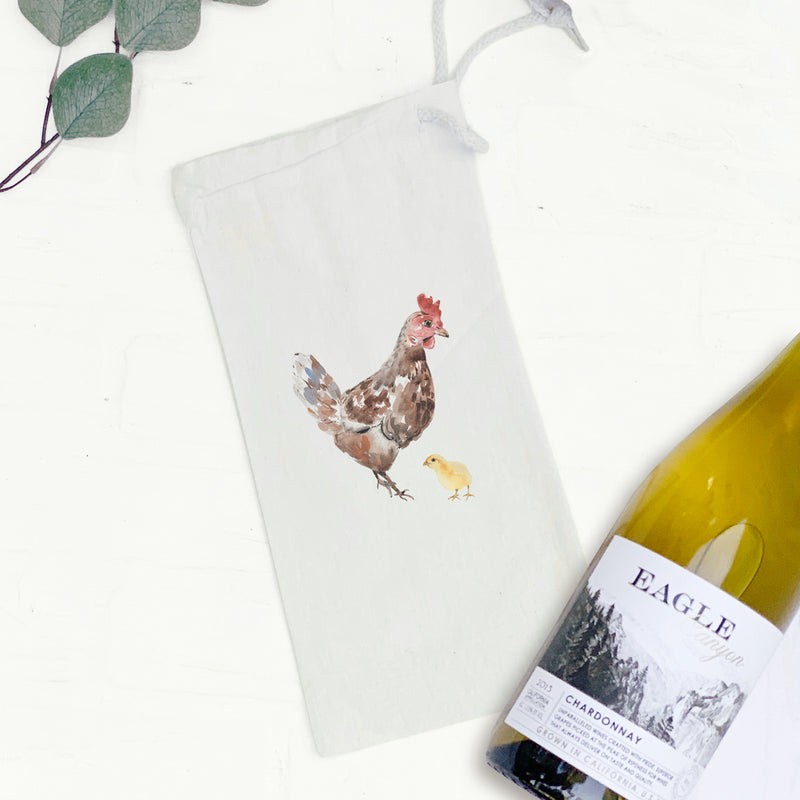 Watercolor Hen with Chick - Canvas Wine Bag