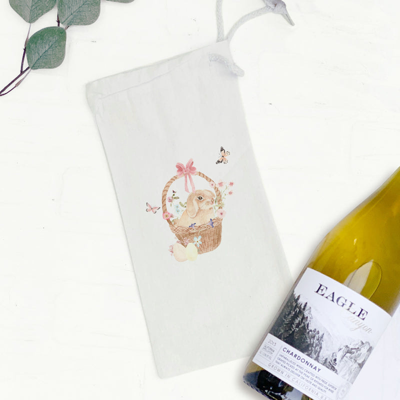 Watercolor Bunny in a Basket - Canvas Wine Bag