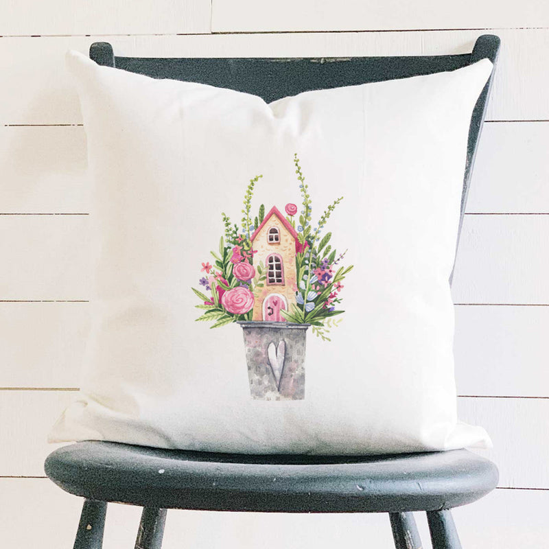 Floral Pail Fairy House - Square Canvas Pillow