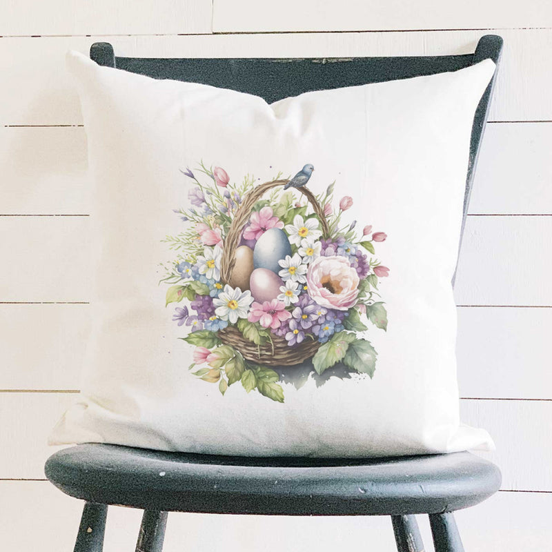 Watercolor Floral Basket and Eggs - Square Canvas Pillow