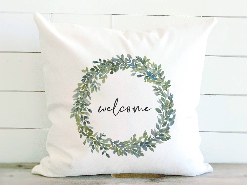 Welcome Boxwood Wreath - Square Canvas Pillow