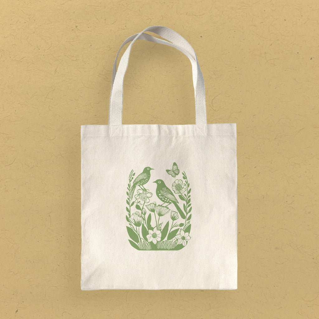 Linocut Spring Birds - Customizable Canvas Tote Bag