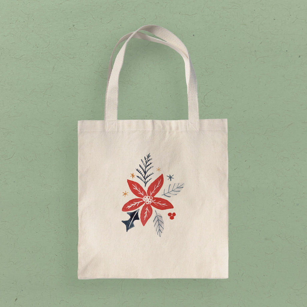 Hand Drawn Red Poinsettia - Customizable Canvas Tote Bag