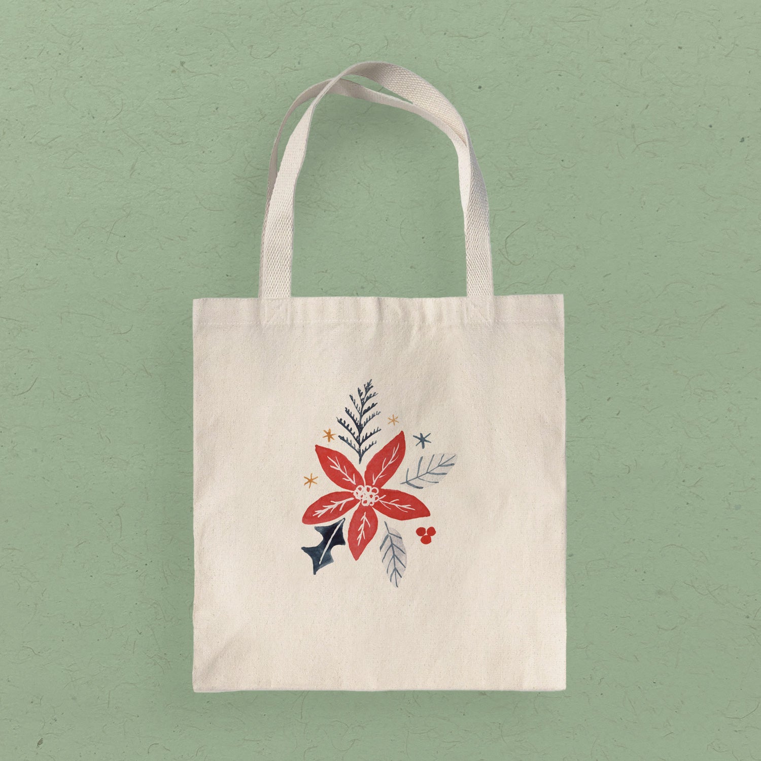 Hand Drawn Red Poinsettia - Customizable Canvas Tote Bag
