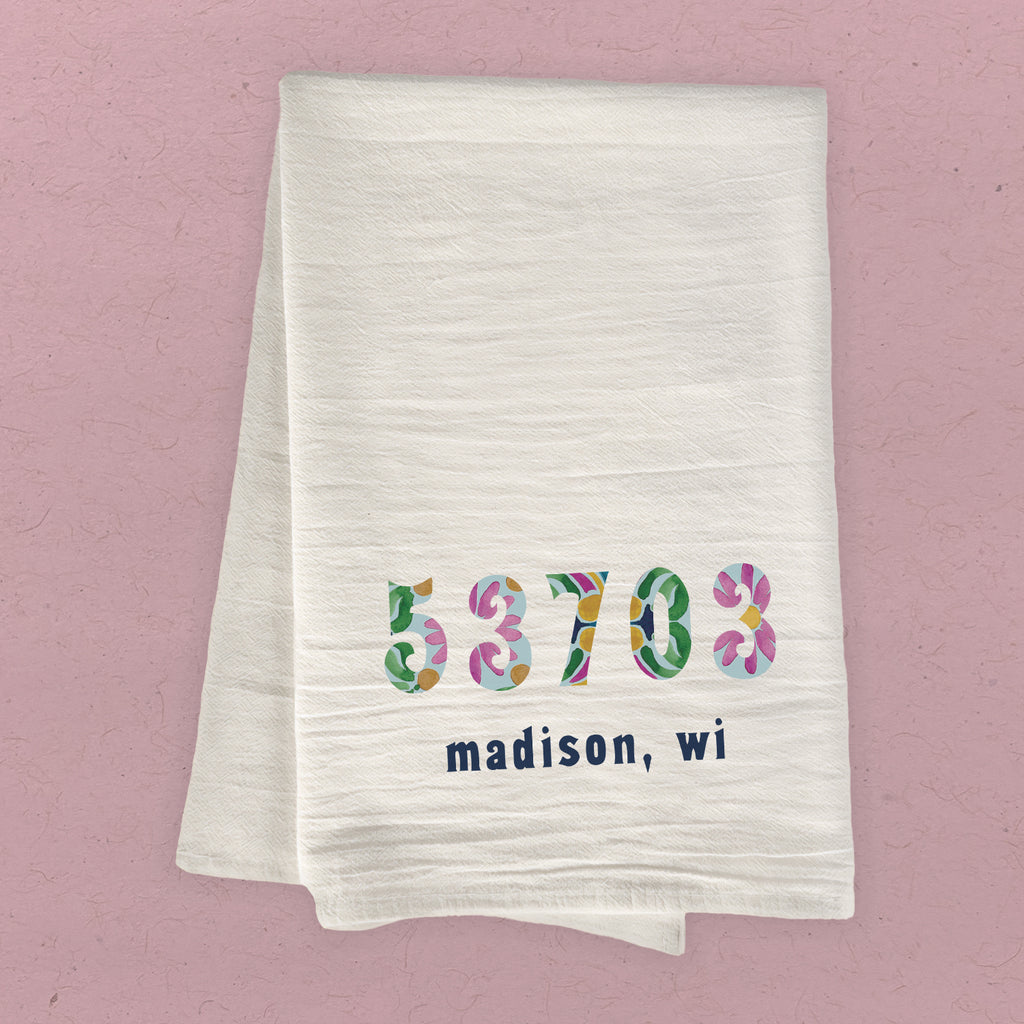 Vibrant Tiles w/ City, State, Zip - Custom Cotton Tea Towel