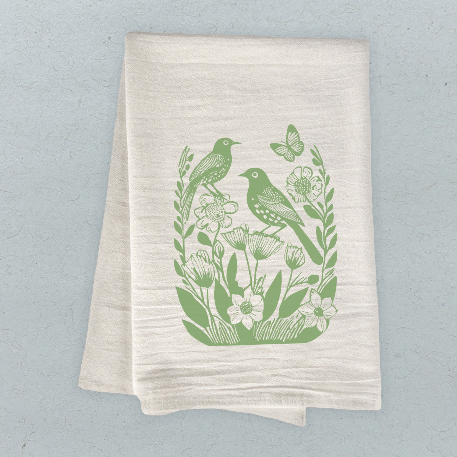 Linocut Spring Birds - Customizable Cotton Tea Towel