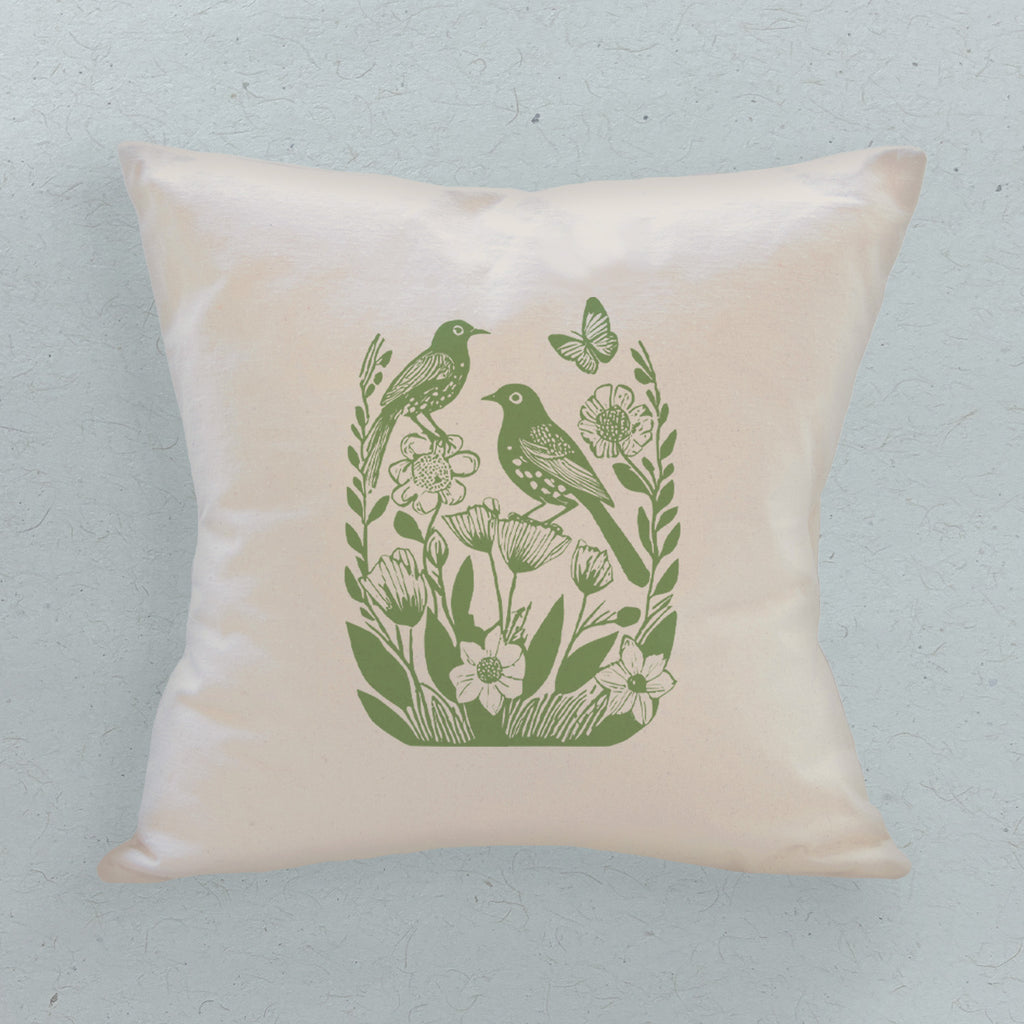 Linocut Spring Birds - Customizable Square Canvas Pillow
