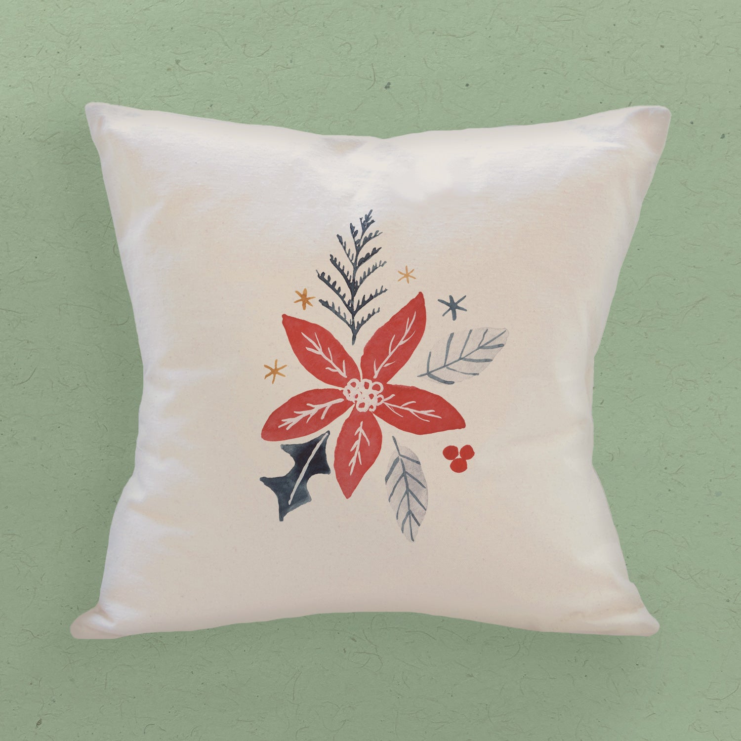Hand Drawn Red Poinsettia - Customizable Square Canvas Pillow