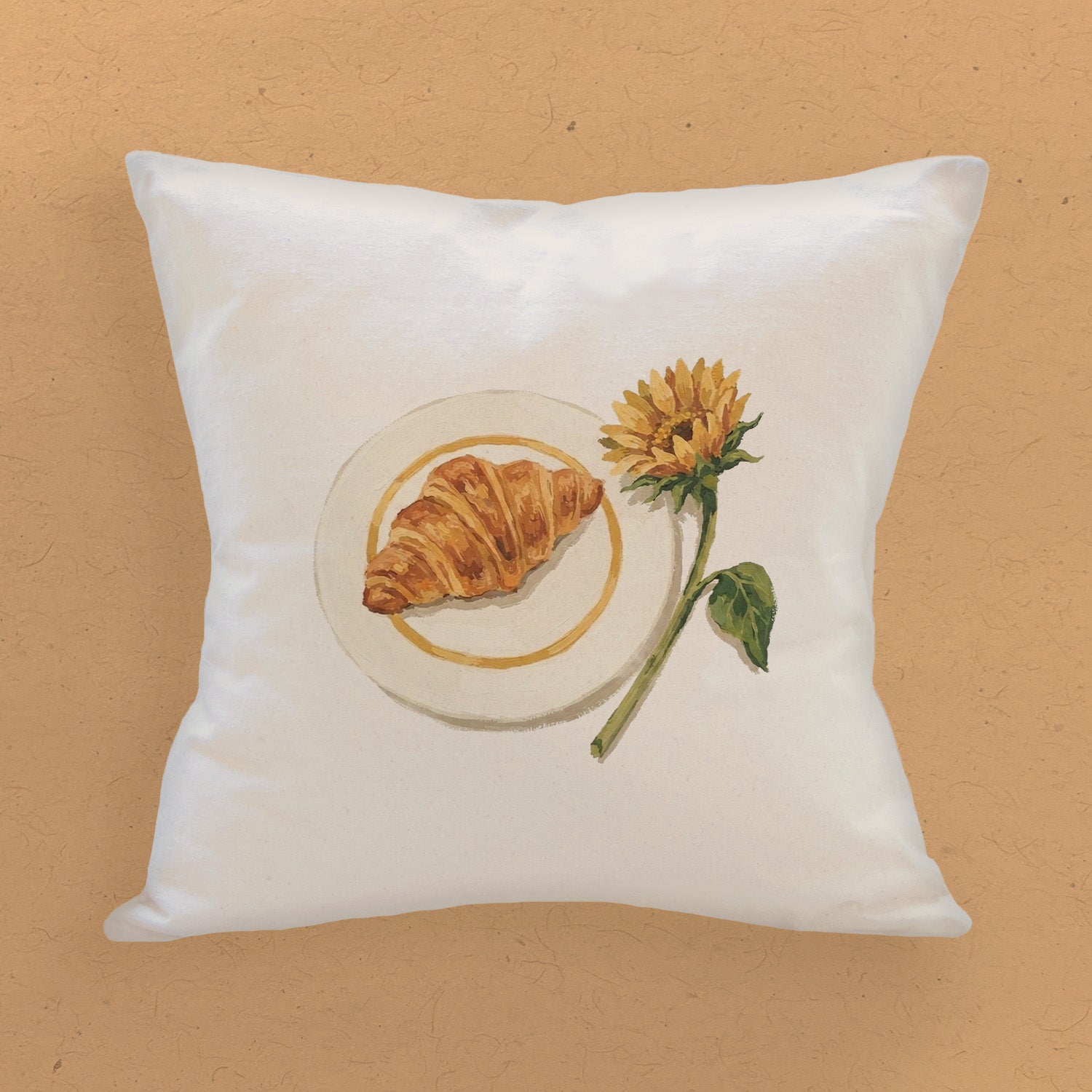 Sunflower & Croissant - Painting - Square Canvas Pillow