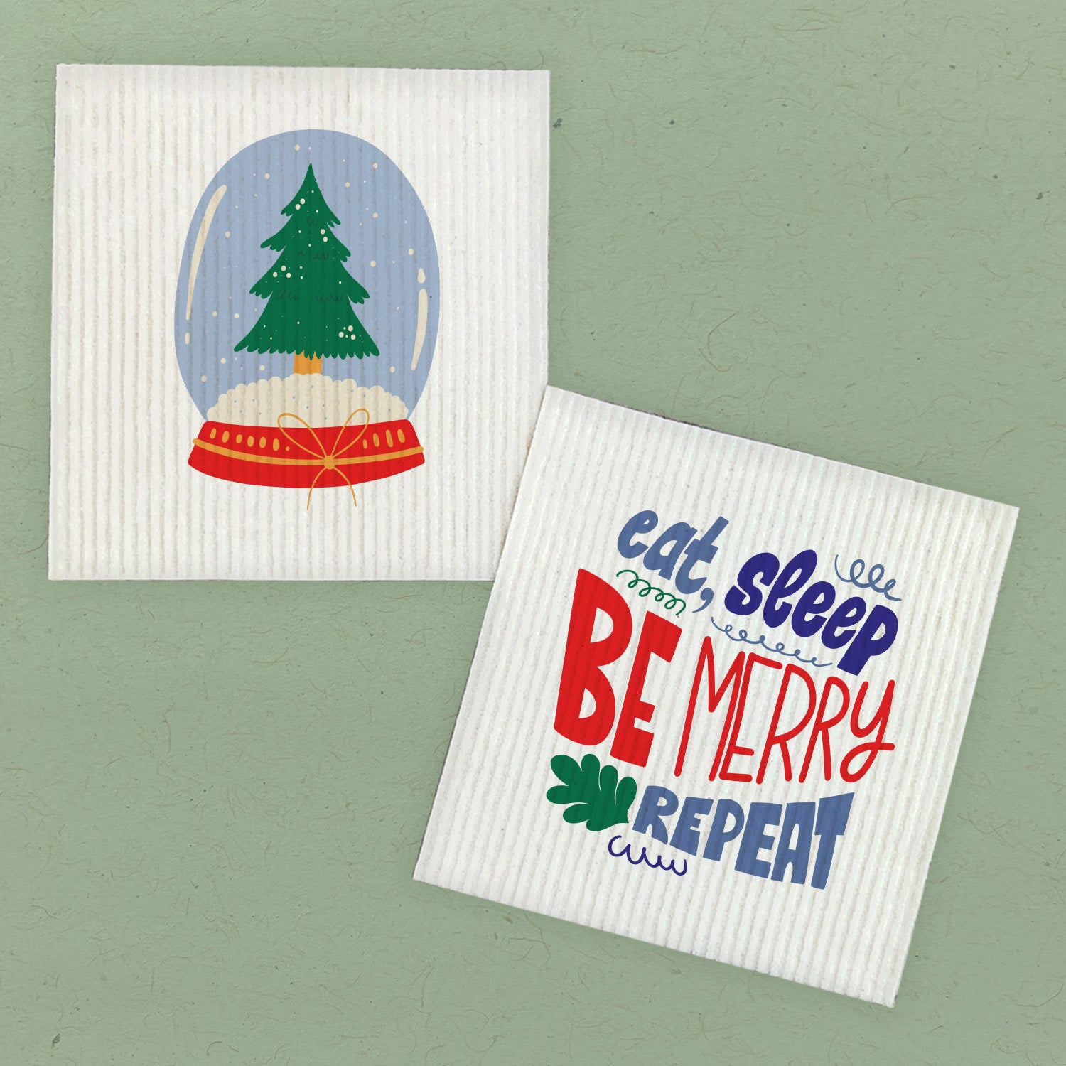 Eat Sleep Be Merry, Snow globe Tree  - 2pk Swedish Dish Cloth
