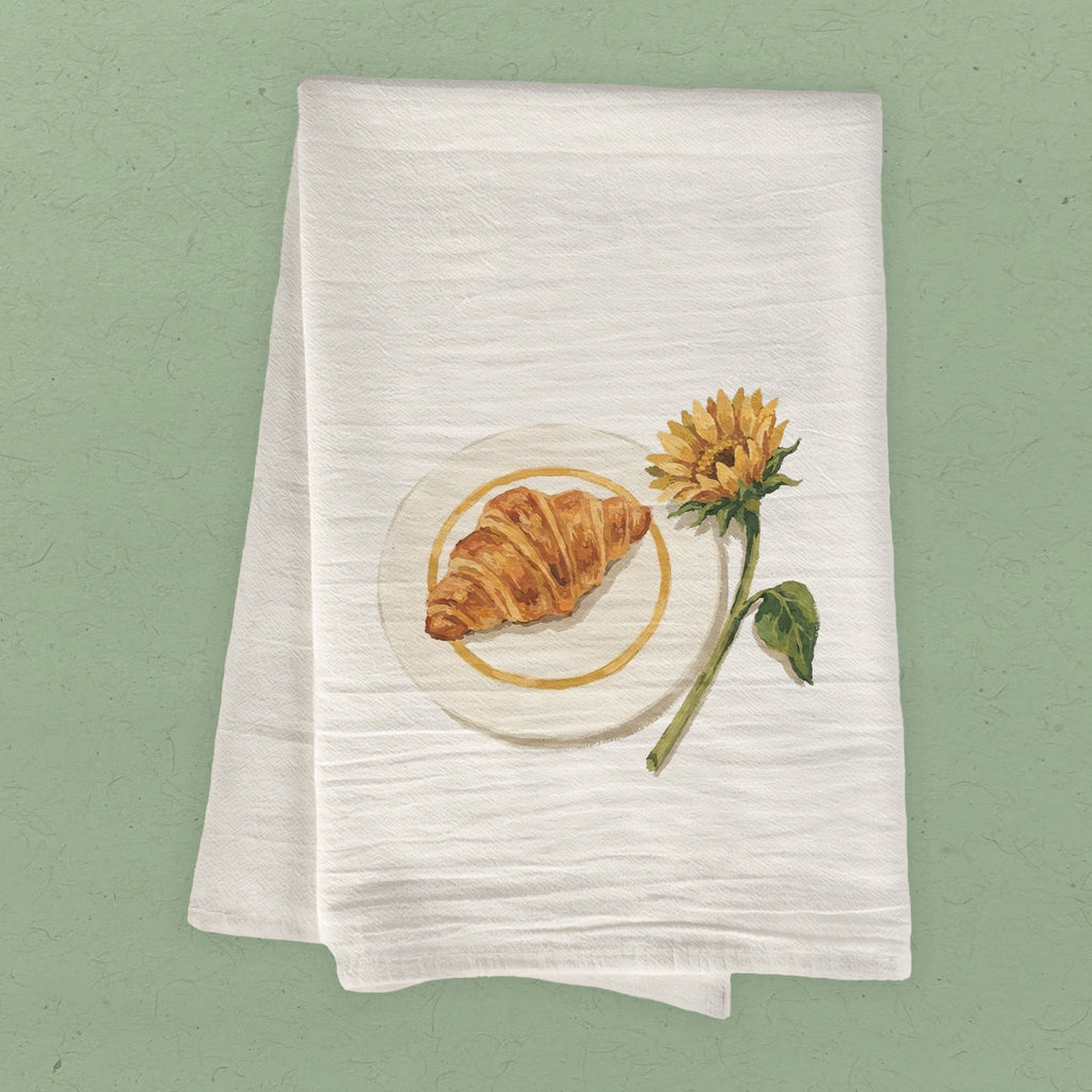 Sunflower & Croissant - Painting - Cotton Tea Towel