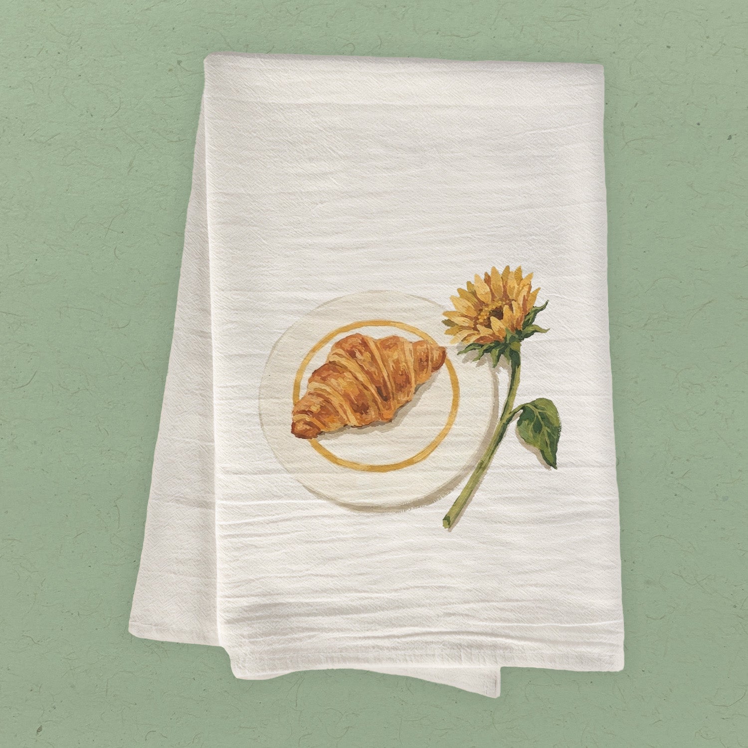Sunflower & Croissant - Painting - Cotton Tea Towel