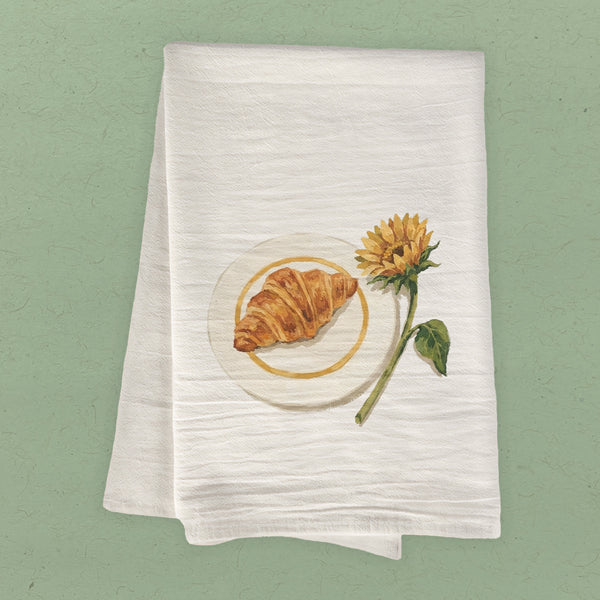 Sunflower & Croissant - Painting - Cotton Tea Towel