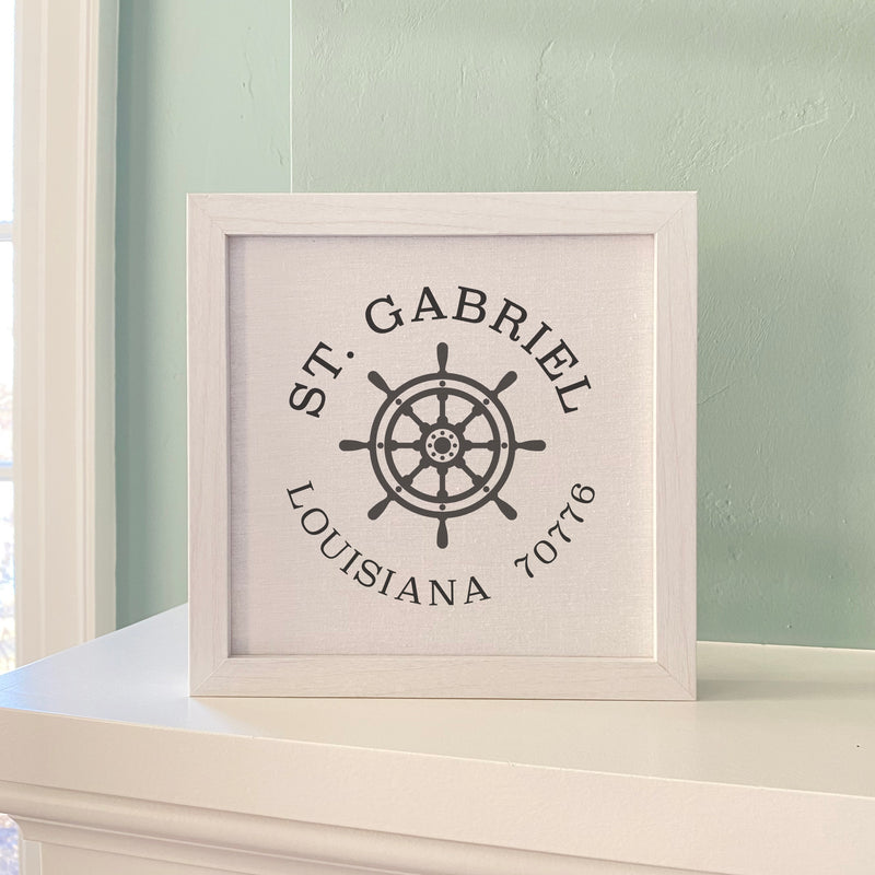 Ship Wheel w/ City and State - Framed Sign