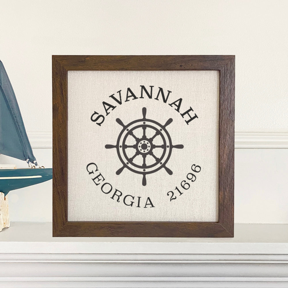 Ship Wheel w/ City and State - Custom Framed Sign