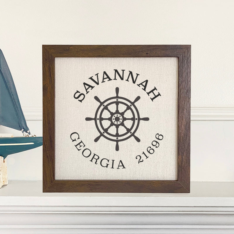 Ship Wheel w/ City and State - Framed Sign