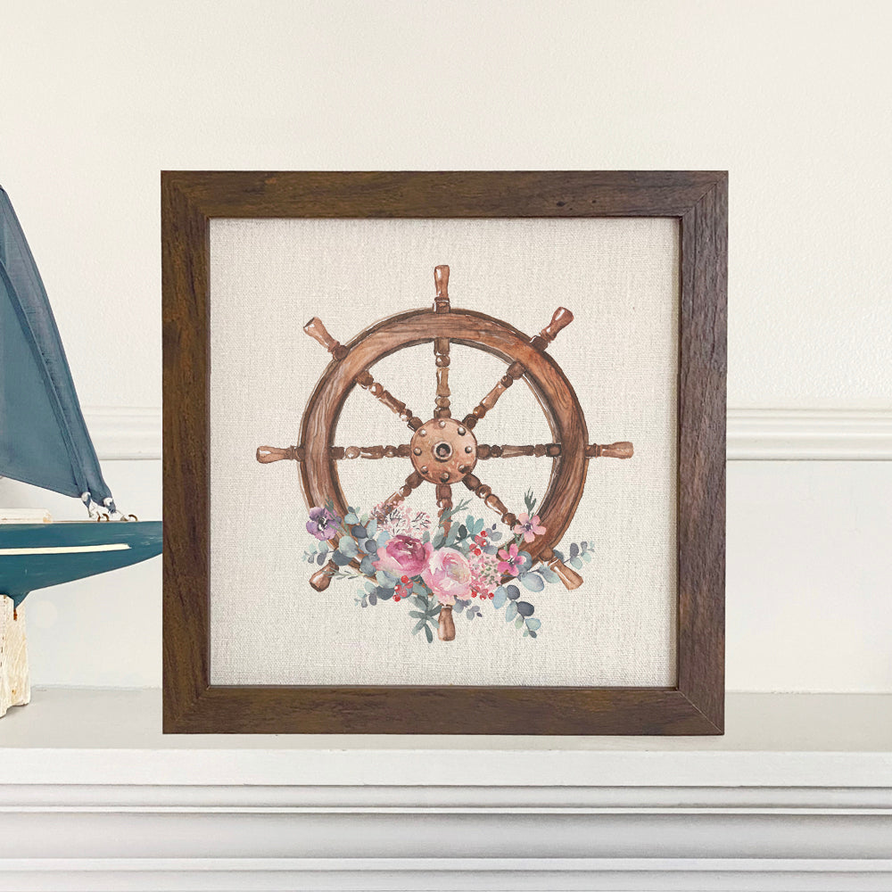 Watercolor Floral Ship Wheel - Framed Sign