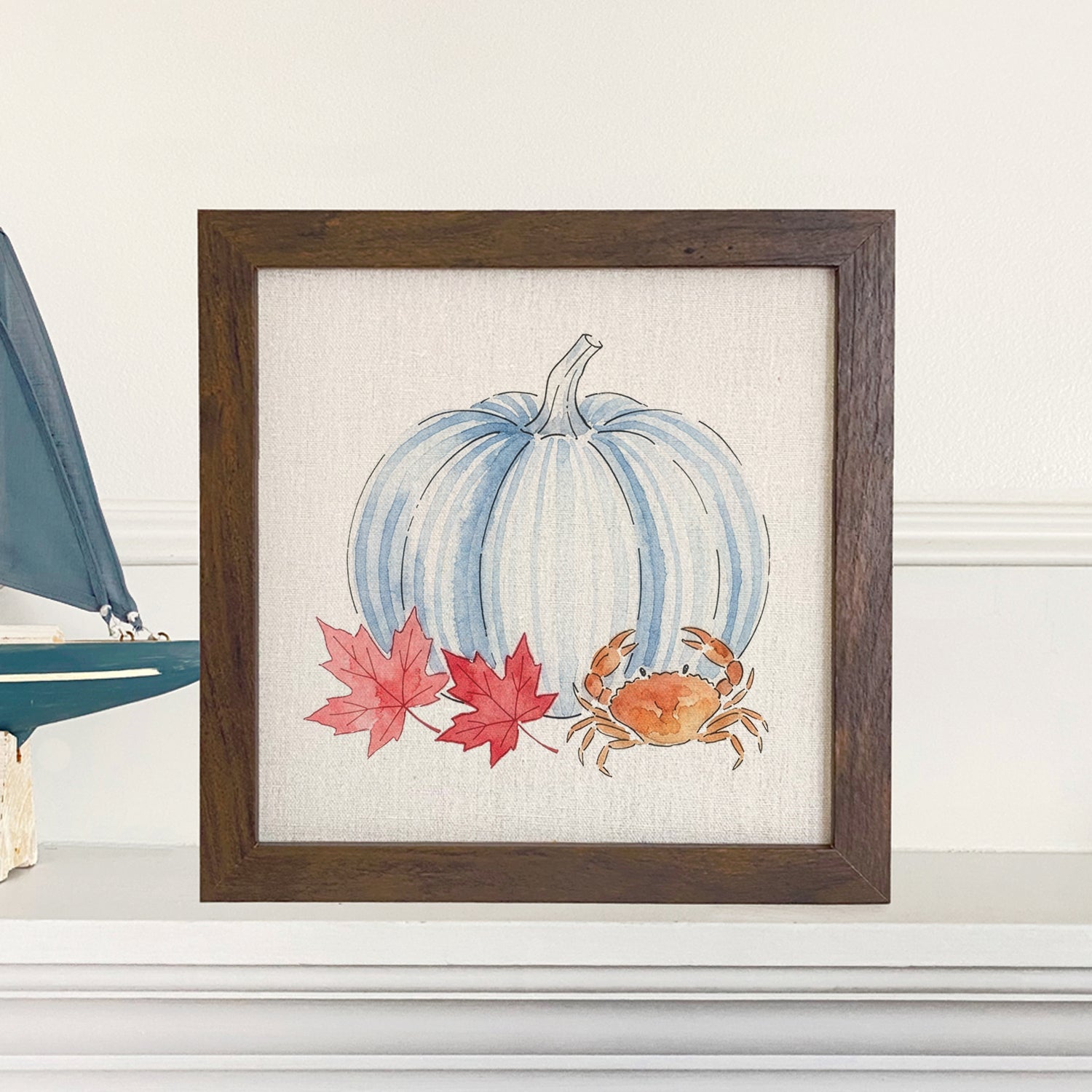 Crab & Blue Pinstripe Pumpkin - Framed Sign