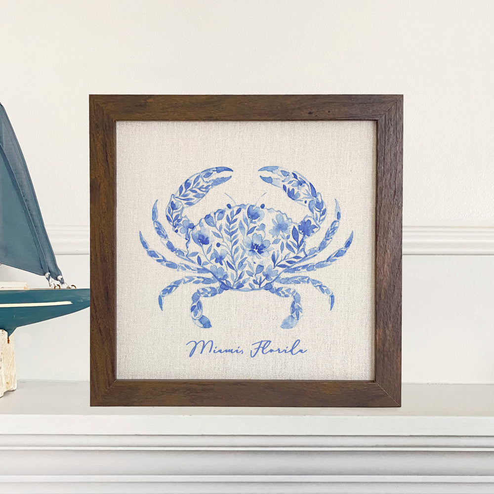 Watercolor Floral Blue Crab - Custom Framed Sign