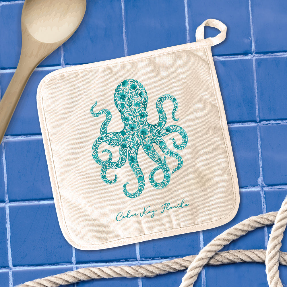 Watercolor Floral Teal Octopus - Custom Cotton Pot Holder