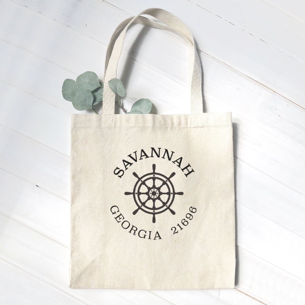 Ship Wheel w/ City and State - Custom Canvas Tote Bag