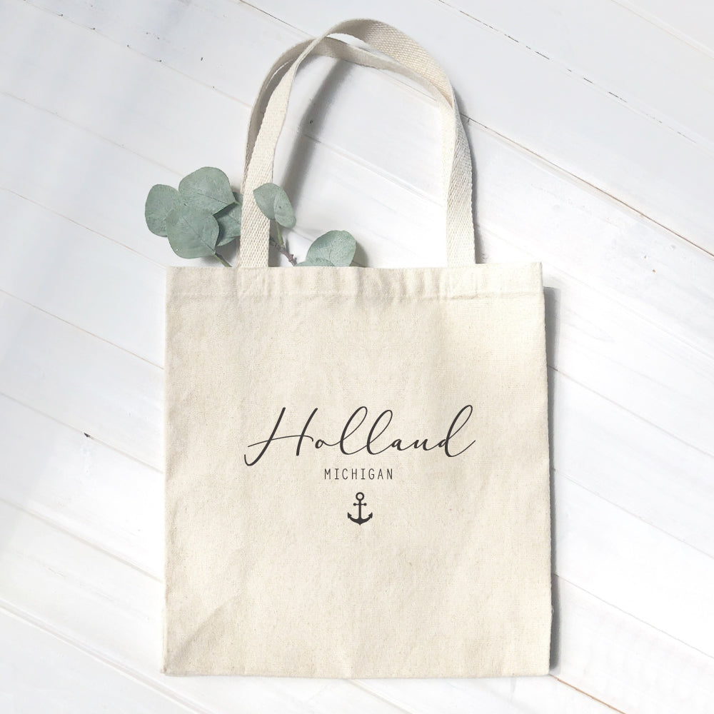 Script City and State with Anchor - Custom Canvas Tote Bag