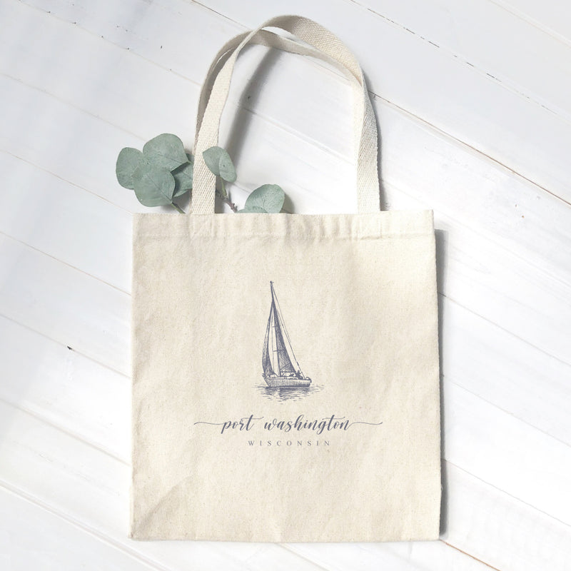 Sailboat w/ City, State - Canvas Tote Bag