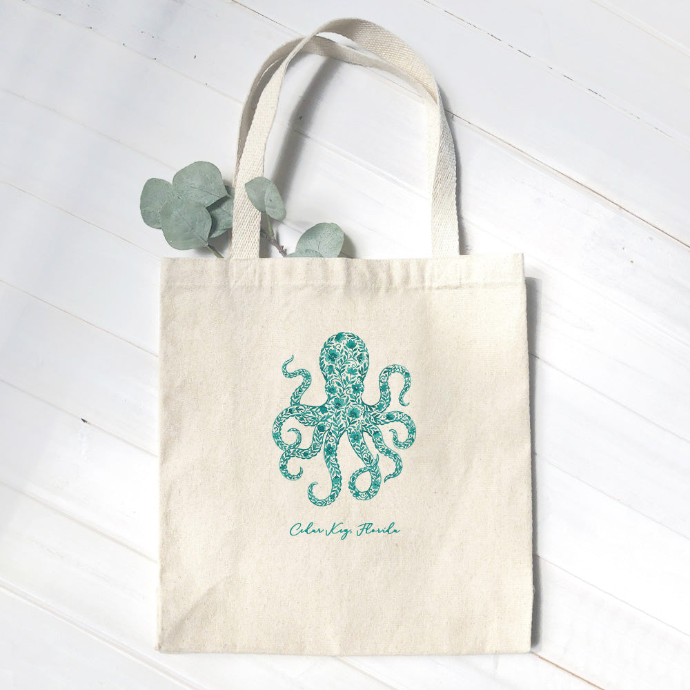 Watercolor Floral Teal Octopus - Custom Canvas Tote Bag