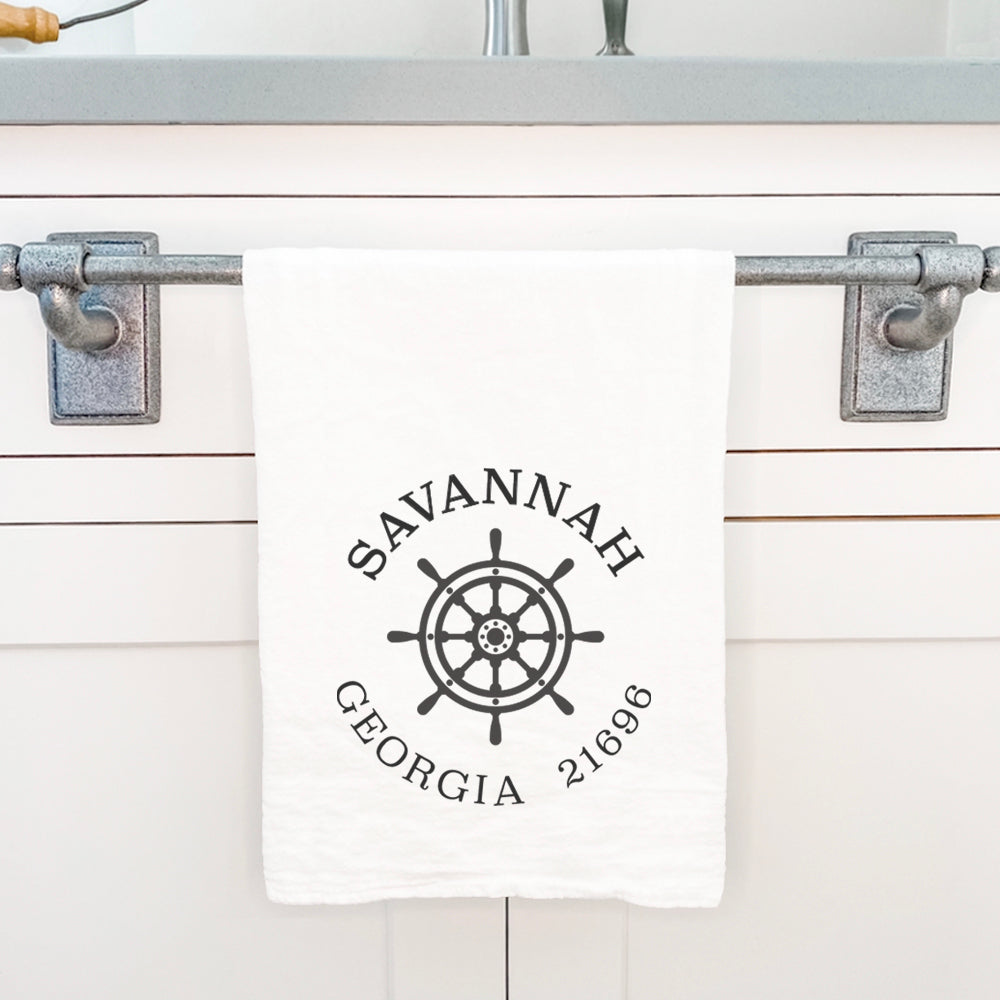 Ship Wheel w/ City and State - Custom Cotton Tea Towel