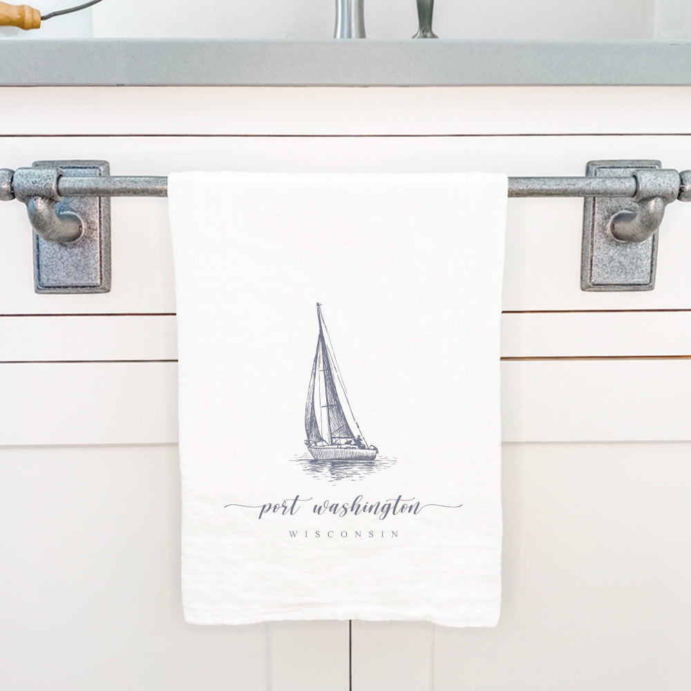 Sailboat w/ City, State - Custom Cotton Tea Towel