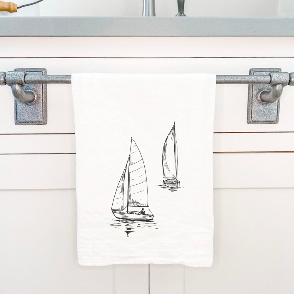 Sketched Sailboats with Sailor - Cotton Tea Towel