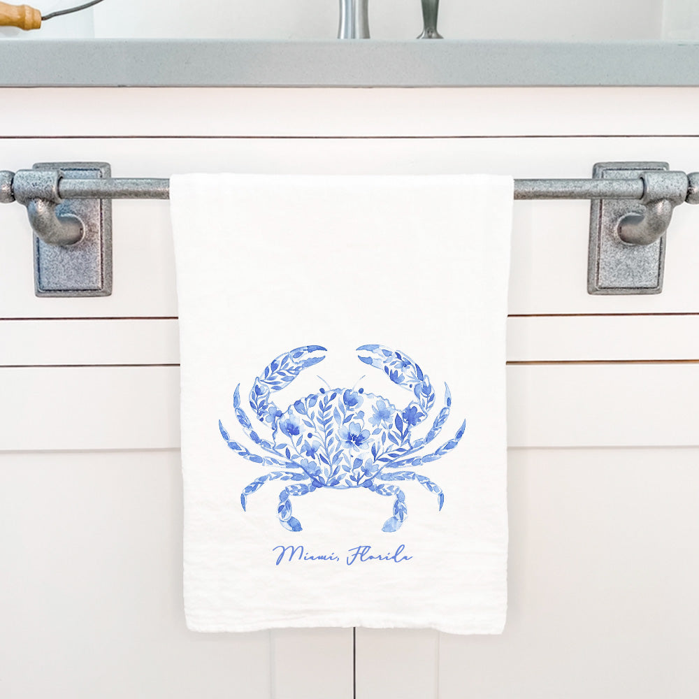 Watercolor Floral Blue Crab - Custom Cotton Tea Towel