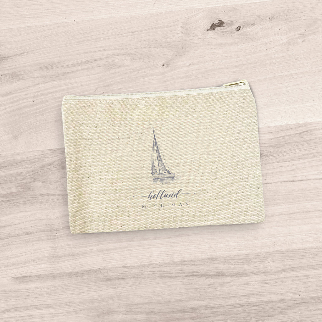 Sailboat w/ City, State - Custom Canvas Zipper Pouch