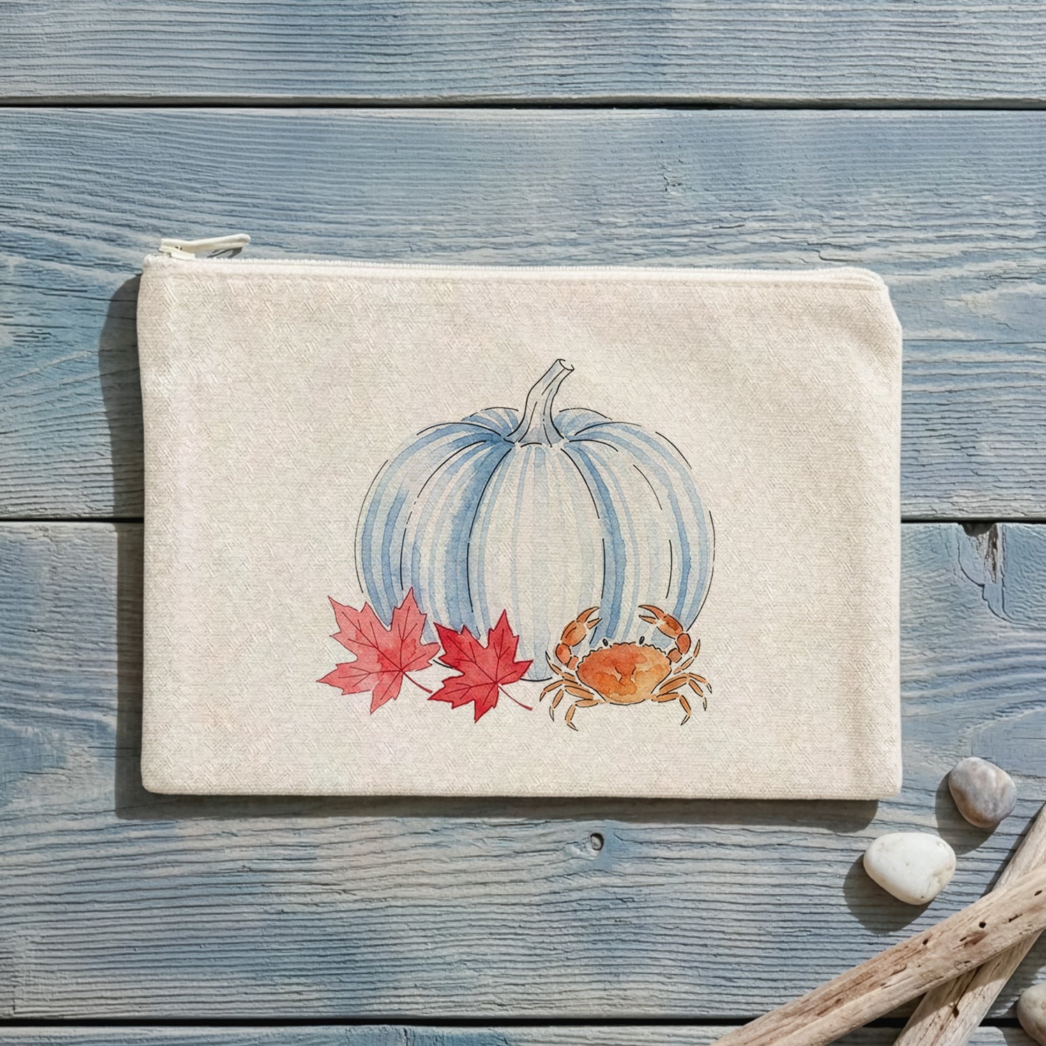 Crab & Blue Pinstripe Pumpkin - Canvas Zipper Pouch