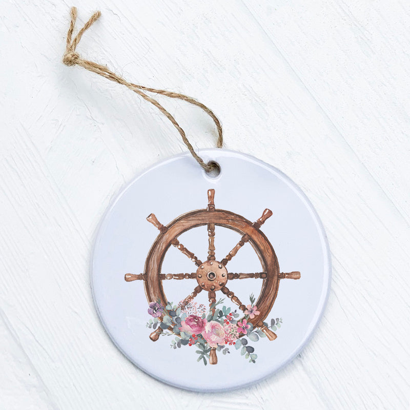Watercolor Floral Ship Wheel - Ornament