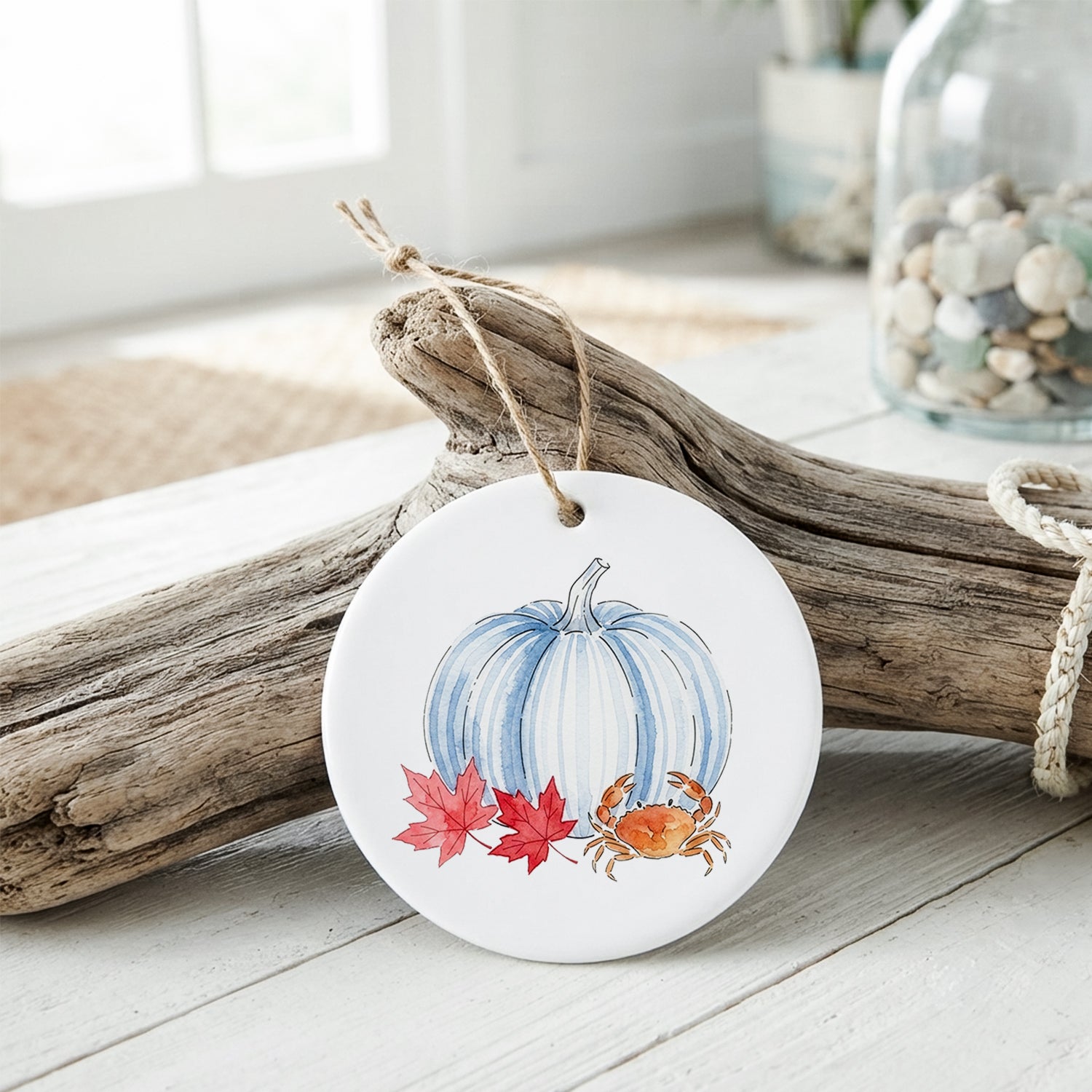 Crab & Blue Pinstripe Pumpkin - Ornament