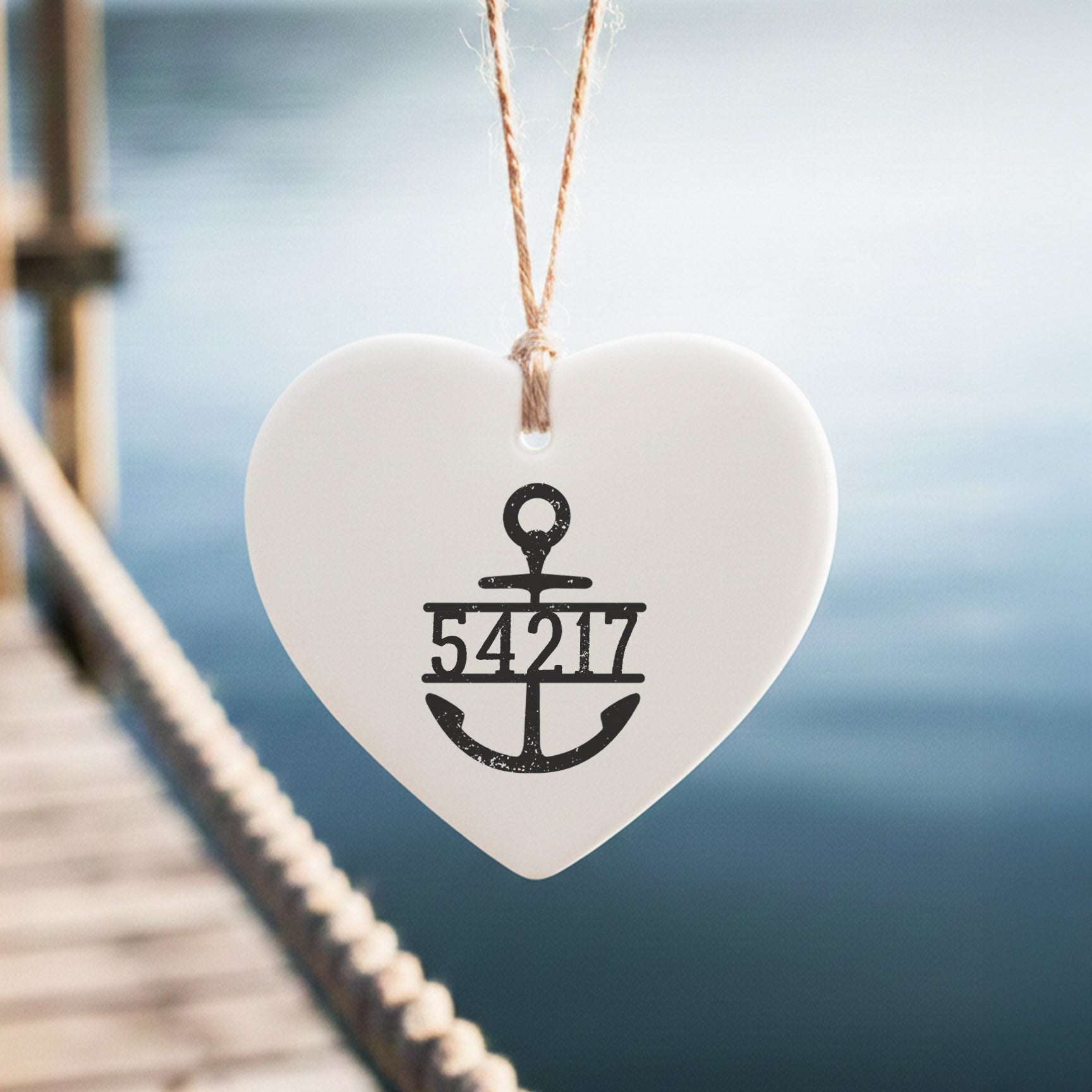Distressed Zip Code Anchor - Custom Heart Shaped Ornament