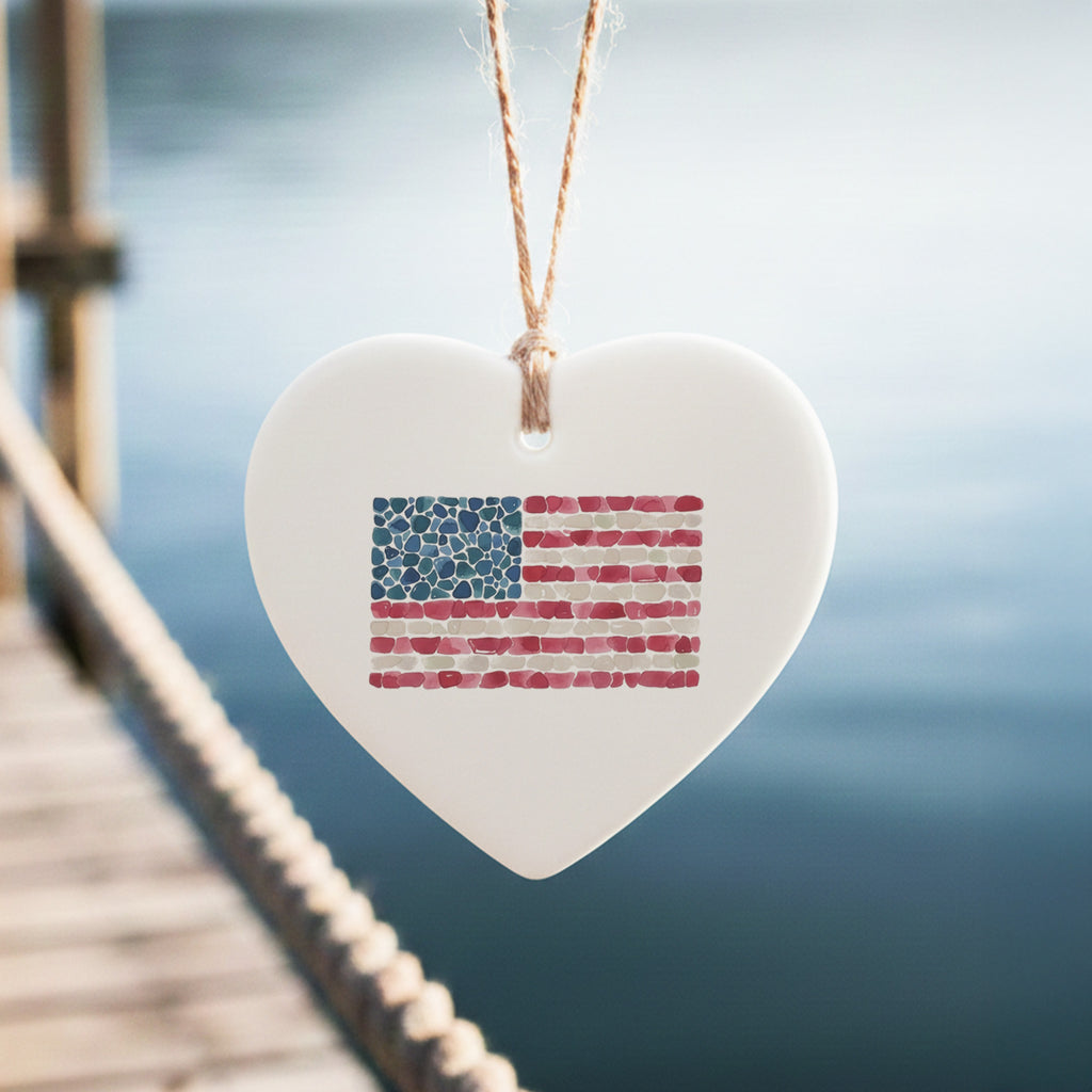 Sea Glass American Flag - Heart Shaped Ornament