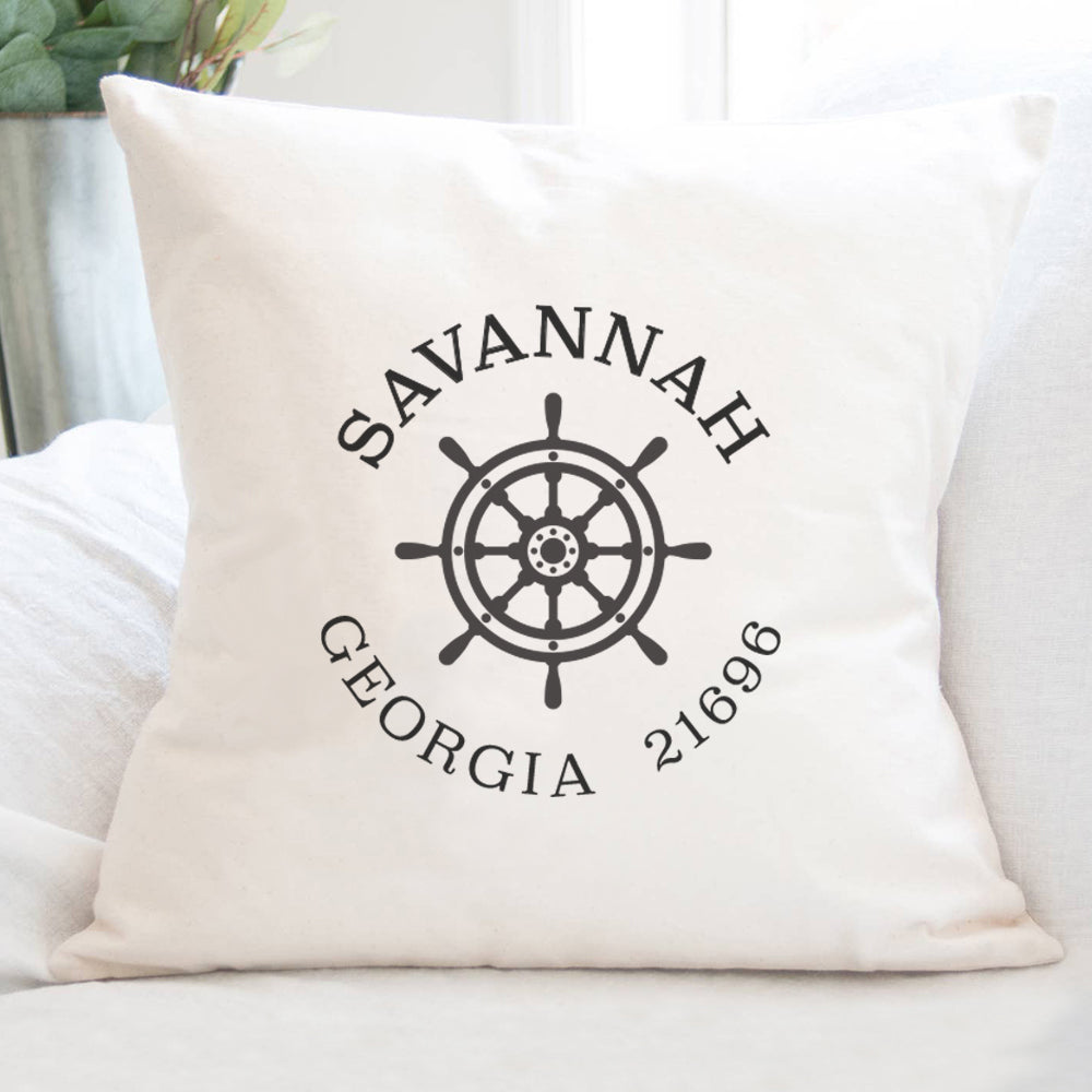 Ship Wheel w/ City and State - Custom Square Canvas Pillow