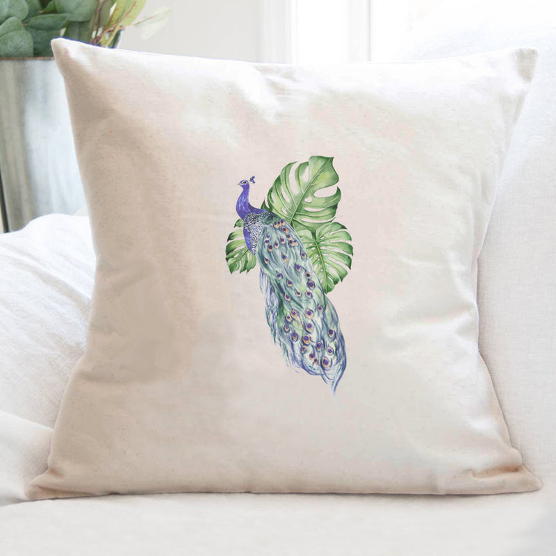 Peacock with Monstera - Square Canvas Pillow