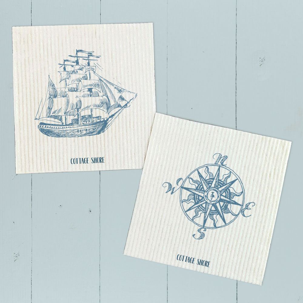 Hand Drawn Ship, Compass 2 pk - Swedish Dish Cloth