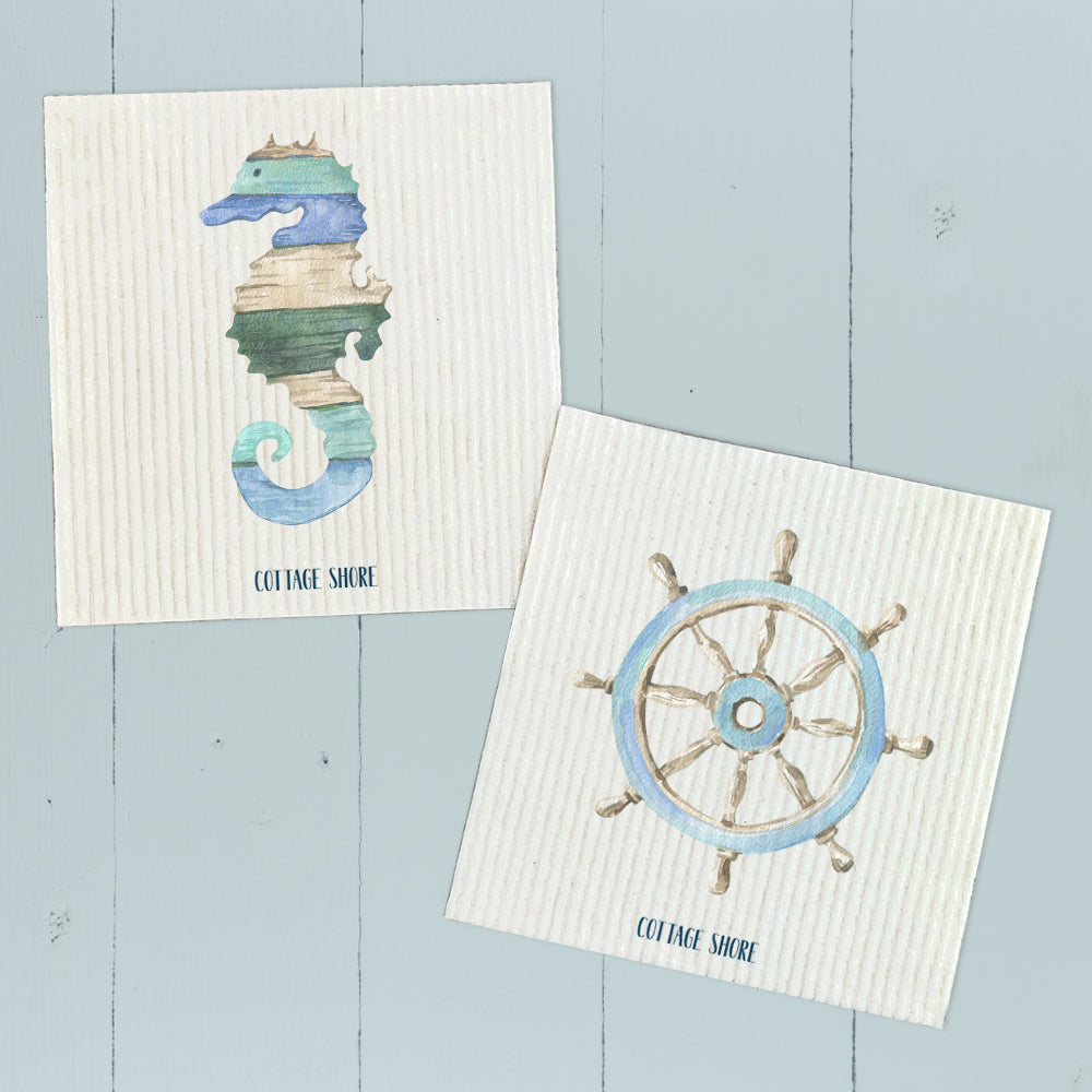 Coastal Wood Seahorse and Ship Wheel  - 2pk Swedish Dish Cloth