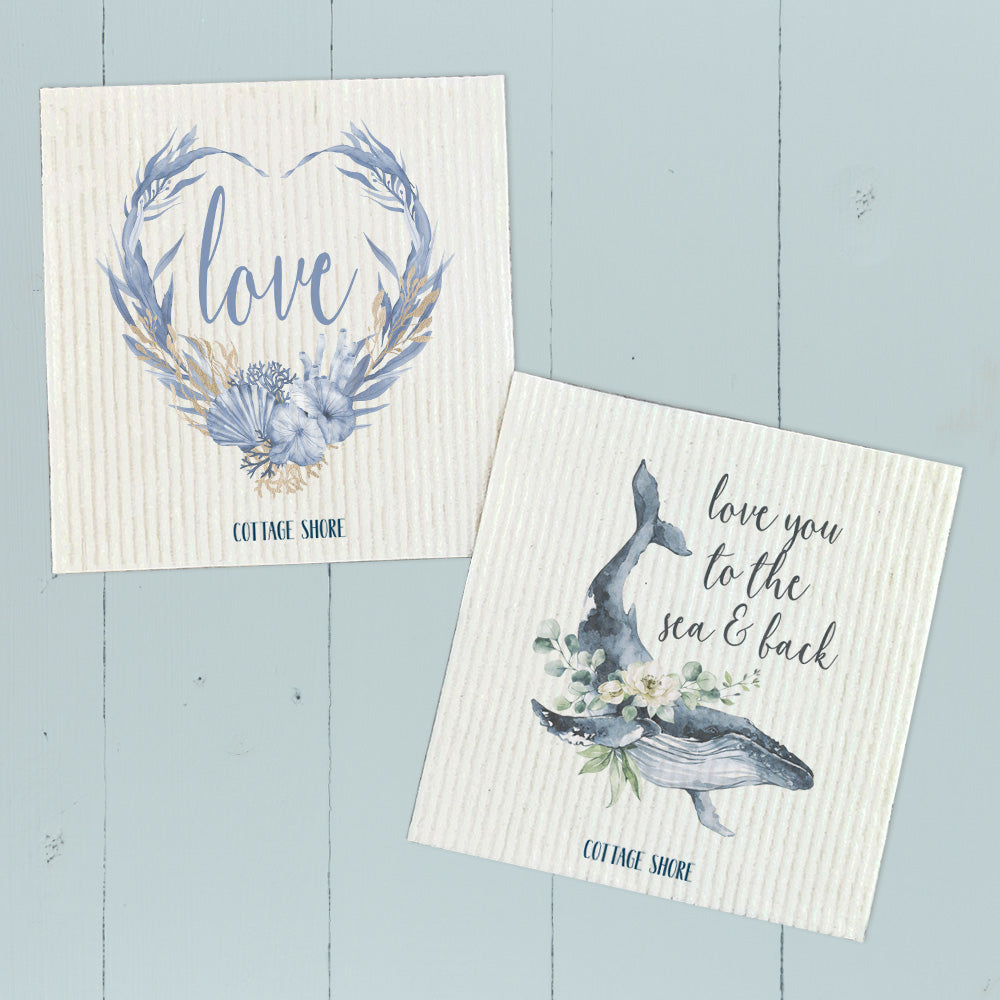 Love Ocean Wreath, Love Whale  - 2pk Swedish Dish Cloth