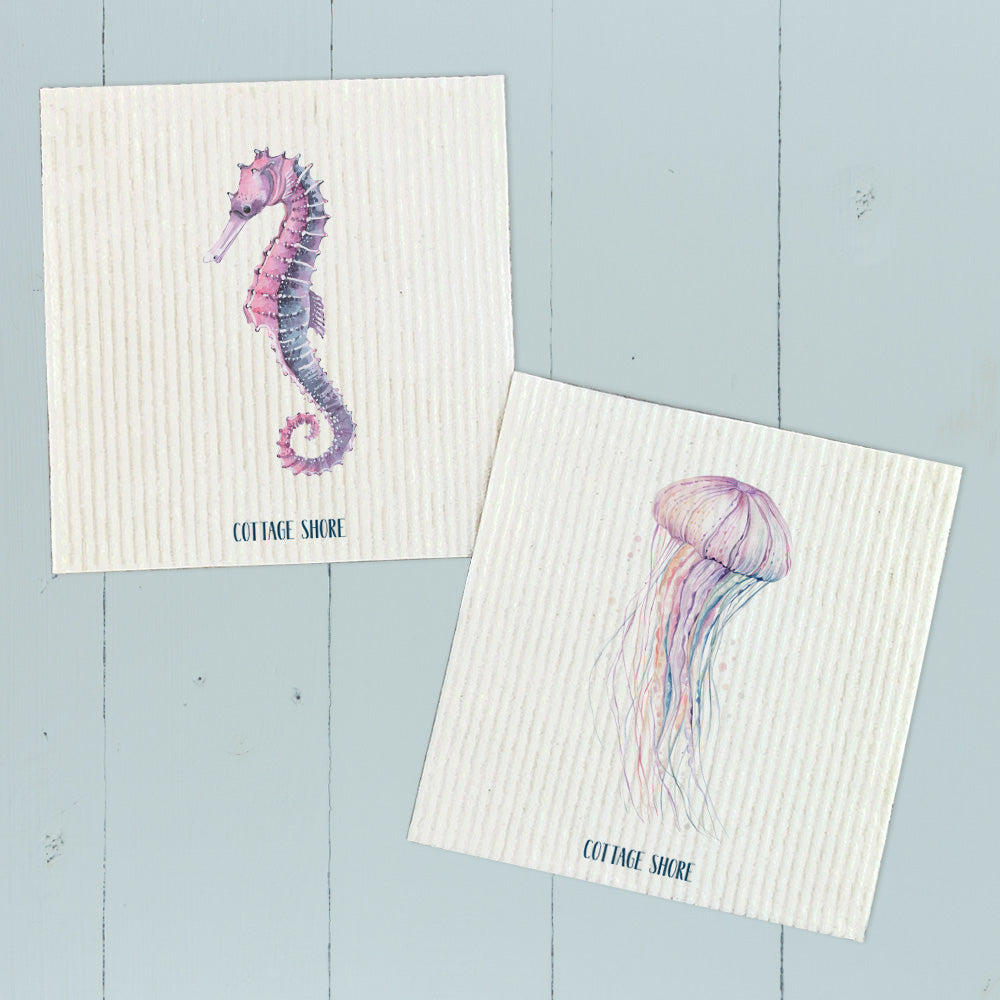 Colorful Seahorse, Jellyfish  - 2pk Swedish Dish Cloth