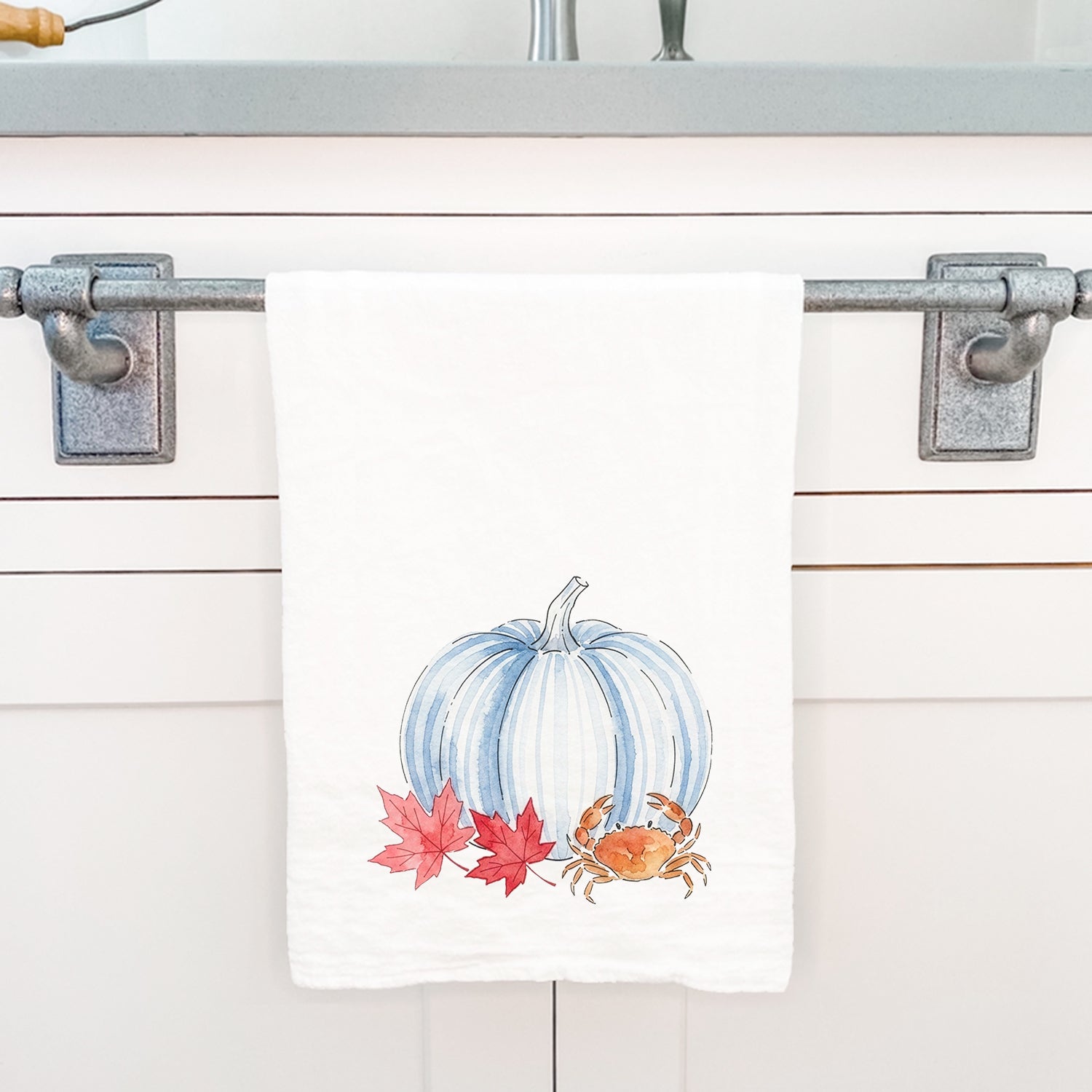 Crab & Blue Pinstripe Pumpkin - Cotton Tea Towel